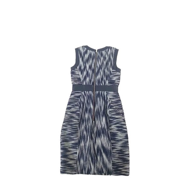 Milly NY USA Women's Dress Blue White Leather Trim Geometric Knit Sheath Size 4 - Picture 4 of 16